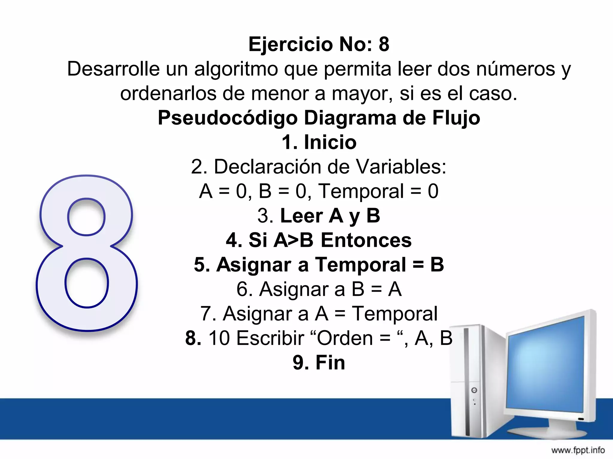 Ejercicio No: 8
Desarrolle un algoritmo que permita leer dos números y
ordenarlos de menor a mayor, si es el caso.
Pseudocódigo Diagrama de Flujo
1. Inicio
2. Declaración de Variables:
A = 0, B = 0, Temporal = 0
3. Leer A y B
4. Si A>B Entonces
5. Asignar a Temporal = B
6. Asignar a B = A
7. Asignar a A = Temporal
8. 10 Escribir “Orden = “, A, B
9. Fin
 