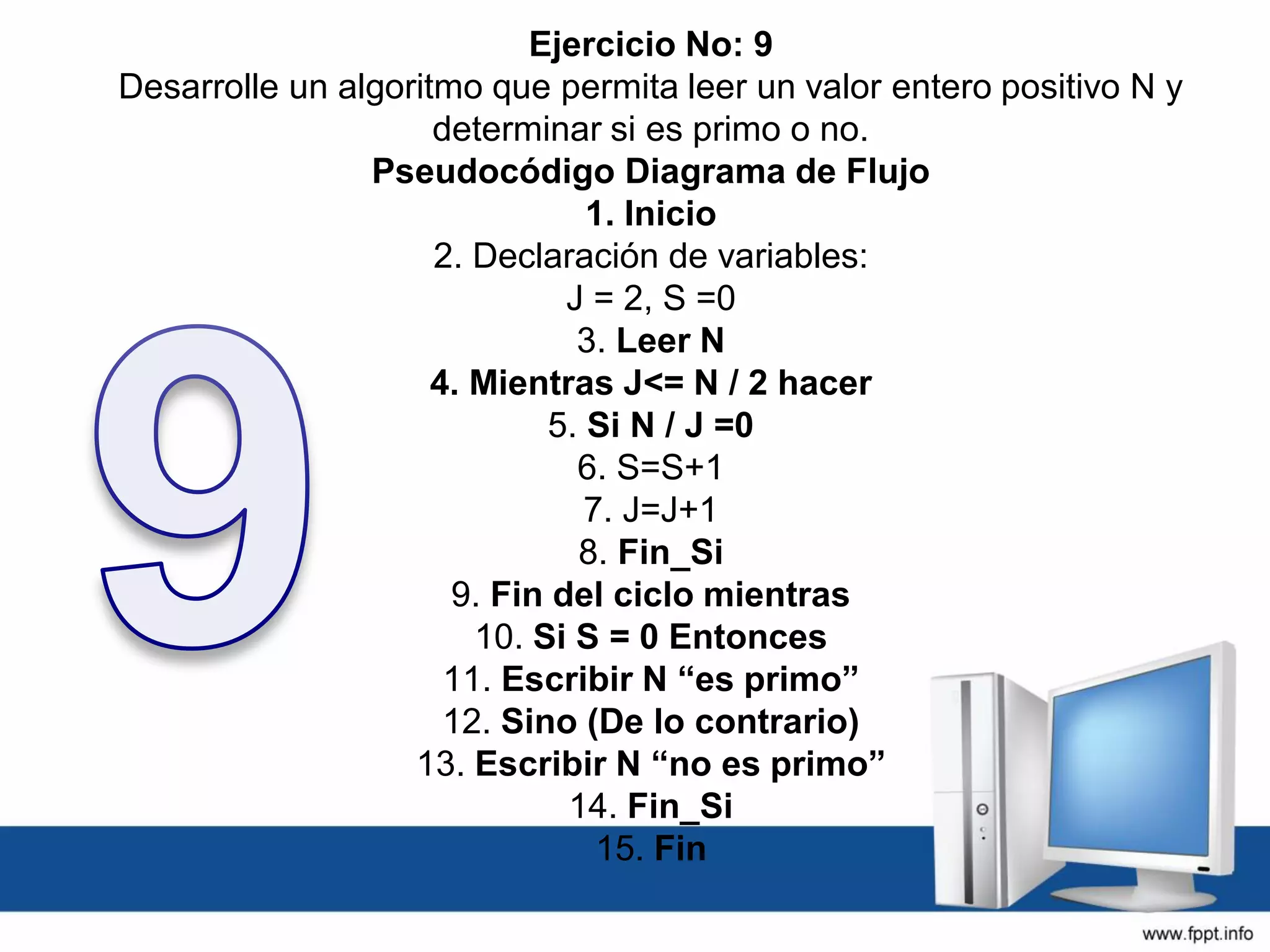 Ejercicio No: 9
Desarrolle un algoritmo que permita leer un valor entero positivo N y
determinar si es primo o no.
Pseudocódigo Diagrama de Flujo
1. Inicio
2. Declaración de variables:
J = 2, S =0
3. Leer N
4. Mientras J<= N / 2 hacer
5. Si N / J =0
6. S=S+1
7. J=J+1
8. Fin_Si
9. Fin del ciclo mientras
10. Si S = 0 Entonces
11. Escribir N “es primo”
12. Sino (De lo contrario)
13. Escribir N “no es primo”
14. Fin_Si
15. Fin
 