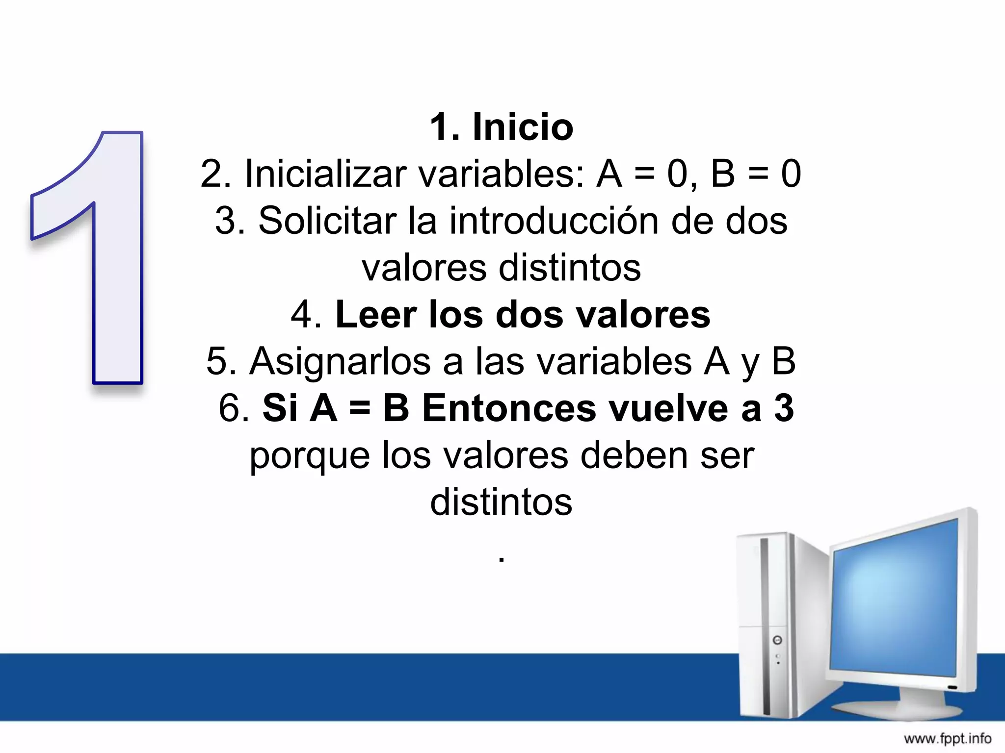 1. Inicio
2. Inicializar variables: A = 0, B = 0
3. Solicitar la introducción de dos
valores distintos
4. Leer los dos valores
5. Asignarlos a las variables A y B
6. Si A = B Entonces vuelve a 3
porque los valores deben ser
distintos
.
 