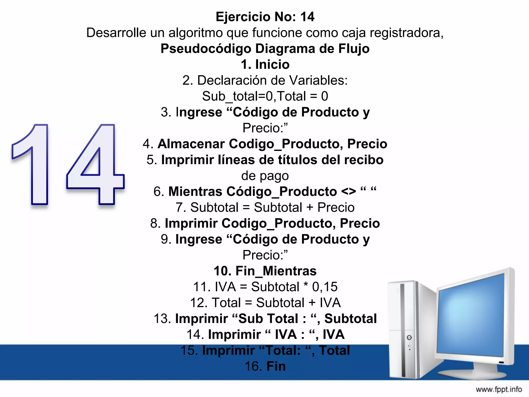 Ejercicio No: 14
Desarrolle un algoritmo que funcione como caja registradora,
Pseudocódigo Diagrama de Flujo
1. Inicio
2. Declaración de Variables:
Sub_total=0,Total = 0
3. Ingrese “Código de Producto y
Precio:”
4. Almacenar Codigo_Producto, Precio
5. Imprimir líneas de títulos del recibo
de pago
6. Mientras Código_Producto <> “ “
7. Subtotal = Subtotal + Precio
8. Imprimir Codigo_Producto, Precio
9. Ingrese “Código de Producto y
Precio:”
10. Fin_Mientras
11. IVA = Subtotal * 0,15
12. Total = Subtotal + IVA
13. Imprimir “Sub Total : “, Subtotal
14. Imprimir “ IVA : “, IVA
15. Imprimir “Total: “, Total
16. Fin
 