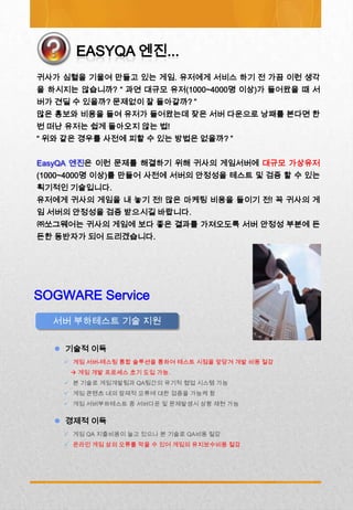 귀사가 심혈을 기울여 만들고 있는 게임. 유저에게 서비스 하기 전 가끔 이런 생각
을 하시지는 않습니까? “ 과연 대규모 유저(1000~4000명 이상)가 들어왔을 때 서
버가 견딜 수 있을까? 문제없이 잘 돌아갈까? ”
많은 홍보와 비용을 들여 유저가 들어왔는데 잦은 서버 다운으로 낭패를 본다면 한
번 떠난 유저는 쉽게 돌아오지 않는 법!
“ 위와 같은 경우를 사전에 피할 수 있는 방법은 없을까? ”


EasyQA 엔진은 이런 문제를 해결하기 위해 귀사의 게임서버에 대규모 가상유저
(1000~4000명 이상)를 만들어 사전에 서버의 안정성을 테스트 및 검증 할 수 있는
획기적인 기술입니다.
유저에게 귀사의 게임을 내 놓기 전! 많은 마케팅 비용을 들이기 전! 꼭 귀사의 게
임 서버의 안정성을 검증 받으시길 바랍니다.
㈜쏘그웨어는 귀사의 게임에 보다 좋은 결과를 가져오도록 서버 안정성 부분에 든
든한 동반자가 되어 드리겠습니다.




SOGWARE Service
  서버 부하테스트 기술 지원

    기술적 이득
     게임 서버-테스팅 통합 솔루션을 통하여 테스트 시점을 앞당겨 개발 비용 절감
      게임 개발 프로세스 초기 도입 가능.
     본 기술로 게임개발팀과 QA팀간의 유기적 협업 시스템 가능
     게임 콘텐츠 내의 잠재적 오류에 대한 검증을 가능케 함
     게임 서버부하테스트 중 서버다운 및 문제발생시 상황 재현 가능


    경제적 이득
     게임 QA 지출비용이 늘고 있으나 본 기술로 QA비용 절감
     온라인 게임 상의 오류를 막을 수 있어 게임의 유지보수비용 절감
 
