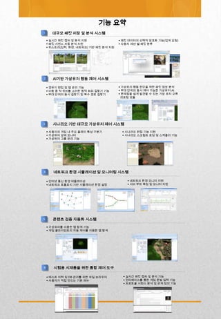 1     대규모 패킷 저장 및 분석 시스템
     실시간 패킷 캡처 및 분석 지원                 패킷 데이터의 선택적 암호화 기능(업계 요청)
     패킷 시퀀스 자동 분석 지원                   사용자 세션 별 패킷 분류
     히스토리(입력, 화면, 네트워크) 기반 패킷 분석 지원




2      AI기반 가상유저 행동 제어 시스템

     경유지 편집 및 맵 관리 기능                  가상유저 행동 판단을 위한 패킷 정보 분석
     이동 중 적 위치를 고려한 동적 회피 길찾기 기능       부대 단위의 동시 제어 가능한 가상유저 AI
     부대 단위의 동시 길찾기 및 복수 경로 길찾기         문제점을 쉽게 발견할 수 있는 가상 유저 오류
                                        리포팅 모듈




3      시나리오 기반 대규모 가상유저 제어 시스템

     사용자의 게임 내 주요 플레이 특성 구분기            시나리오 편집 기능 지원
     가상유저 상태 모니터                        시나리오 스크립트 로딩 및 스케줄러 기능
     가상유저 그룹 관리 기능




4      네트워크 환경 시뮬레이션 및 모니터링 시스템

     인터넷 통신 환경 에뮬레이션                       네트워크 환경 모니터 지원
     네트워크 토폴로지 기반 시뮬레이션 환경 설정              서버 부하 측정 및 모니터 지원




5      콘텐츠 검증 자동화 시스템

     가상유저를 이용한 맵 탐색 기능
     게임 클라이언트의 자동 제어를 이용한 맵 탐색




6      시험용 시제품을 위한 통합 제어 도구

     테스트 이력 및 DB 관리를 위한 파일 브라우저          실시간 패킷 캡처 및 분석 기능
     사용자가 직접 만드는 기본 메뉴                   인터페이스를 통한 게임 문법 입력 기능
                                          프로토콜 시퀀스 분석 및 관계 정의 기능
 