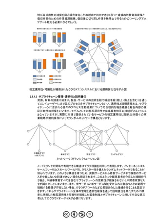 特に高可用性の確保を図る場合は何らかの理由で利用できなくなった資源の代替資源確保と
   復旧作業のための作業資源確保、復旧後の切り戻し作業を無停止で行うためのローリングアッ
   プデート能力も必要になるでしょう。

   障害時の資源代替とリカバリ作業資源確保       広域資源代替が可能になると資源稼働率向上も狙える。（伝送遅延制約は残る）




 代替資源が不足すると最悪の場合、輻輳崩壊が起こる




   正常稼働資源      迂回資源要求

   予備資源        迂回資源引当

   障害被害        復旧作業資源




相互運用性・可搬性が確保されたクラウドエコシステムにおける運用弾力性モデル図

2.6.1.3 サプライチェーン管理・透明性と説明責任
       資源、材料の調達に始まり、製品・サービスの出荷を経て輸送手段（陸上・海上を含む）を通じ
       てエンドユーザーにまで及ぶプロセスをサプライチェーンといい、透明性と説明責任とは、サプラ
       イチェーンに含まれる個々のプロセス活動結果についての合理的な報告義務と報告内容の検
       証可能性の担保をいいます。モデルとしての相互運用性では事業者相互の接続がフルメッシュ
       となっていますが、実際に市場で提供されているサービスの相互運用性は提供主体個々の事
       業戦略や制約条件によってランダムネットワーク構造となります。




 木構造グラフ
                     単純グラフ           完全グラフ              ランダムグラフ
 （n部グラフ）
                  ネットワーク（グラフ）バリエーション図

   ノードとリンクの関係で表現できる構造はグラフ理論を利用して表現します。インターネットはス
   ケールフリー性とスモールワールド性、クラスター性を備えたランダムネットワークであることが
   知られています。このような構造を持つため、発側サービスから着側サービスまで複数のサービ
   スを中継しないと到達できない場合も想定されます。このように中継事業者を介在した接続を行
   う場合、中継事業者すべてを含むサプライチェーンの信頼性が確保されないと中間者攻撃リス
   クが顕在化してしまいます。また、発サービスと着サービス間を受け入れ可能なリスクの範囲で
   接続する経路が存在しない場合、クラウドブローカなどの業態を介した接続を行うことも想定で
   きます。これらサプライチェーン全体の管理と透明性確保を通して説明責任を果たすために標
   準に準拠した相互運用性と可搬性を確保した監査制度とサプライチェーンに対して中立な第三
   者としてのクラウドオーディタが必要になります。
 