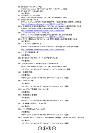 2.5 クラウドガバナンスキューブ図
      OCDET/atoll project クラウドリファレンスアーキテクチャ v1.0 収録
2.5 クラウドレイヤーモデル図（部分）
      本文書初出
2.5 クラウドガバナンスマップ図
      OCDET/atoll project クラウドリファレンスアーキテクチャ v1.0 収録
2..6 クラウドライフサイクル図
      IT Media TechTarget クラウドの応答性能とサポート品質を客観的に比較するには掲載
      http://techtarget.itmedia.co.jp/tt/news/1201/26/news01.html
2.6.1.2 相互運用性・可搬性が確保されたクラウドエコシステムにおける運用弾力性モデル図
      IT Media TechTarget 利用者が IaaS の信頼度を計算するには？掲載
      http://techtarget.itmedia.co.jp/tt/news/1210/12/news01.html
2.6.1.3 ネットワーク（グラフ）バリエーション図
      IT Media TechTarget 着実に姿を現しつつあるクラウド化した IT 市場掲載
      http://techtarget.itmedia.co.jp/tt/news/1206/19/news03.html
2.6.1.3 アクター連携およびサプライチェーンの透明性確保のための監査連携モデル図
      本文書初出
2.6.1.4 スタンダード分類モデル図
   IT Media TechTarget クラウドのベンダーロックインを回避するための処方せん掲載
   http://techtarget.itmedia.co.jp/tt/news/1203/23/news07.html
2.6.1.4 クラウド関連標準一覧
   本文書初出
2.6.2 クラウドガバナンスコントロールエリア挙動モデル図
   本文書初出
2.6.3 クラウドリファレンスアーキテクチャレイヤーモデル図
   OCDET/atoll project クラウドリファレンスアーキテクチャ v1.0 収録
   クラウドリファレンスアーキテクチャレイヤーマップ v1.0 ポスターに再録
2.6.3.1 設備層（三層）
   本文書初出
   クラウドリファレンスアーキテクチャレイヤーチュートリアル 01 に再録
2.6.3.2 ハードウェア層
   本文書初出
   クラウドリファレンスアーキテクチャレイヤーチュートリアル 01 に再録
2.6.3.2 ハードウェア層接続バリエーション図
   本文書初出
2.6.3.3 資源抽象化・管理層
   本文書初出
   クラウドリファレンスアーキテクチャレイヤーチュートリアル 01 に再録
2.6.3.3 資源抽象化手法バリエーション図
   本文書初出
2.6.3.4 サービス層（IaaS、PaaS、SaaS）
   本文書初出
   クラウドリファレンスアーキテクチャレイヤーチュートリアル 01 に再録
2.6.3.4 IaaS セルフマネジメントダッシュボードを例とした層を跨いで構成されるサービスモデル図
   本文書初出
   クラウドリファレンスアーキテクチャレイヤーチュートリアル 02 に再録
 
