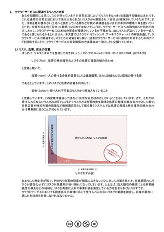 2.   クラウドサービスに関連するリスクと対策
        あらゆる選択には常にリスクが伴っていますが日常生活においてリスクをはっきりと意識する機会はまれです。
        これは通常の日常生活において受け入れられないリスクから解放され、「安全」が確保されているためです。ま
        た、日常を離れ慣れない土地へと旅行している際などは旅の高揚感もありますが未知の環境に身を置いてい
        るため、日常生活よりも「安全」に敏感になるのではないでしょうか。クラウドサービスへの取り組みが初めての
        方にとって、クラウドサービスは未知の安全が確保されているか不確かな、故にリスクが溢れているサービス
        であると感じられるかもしれません。本文書ではクラウド リファレンス アーキテクチャ v1.0 の解説を通して、ク
        ラウドサービスに関連するリスクとその対策を取り扱い、読者がクラウドサービスに適切に対処するためのガイ
        ドを提供することで、クラウドサービスの安全確保の方法確立の一助としたいと願っています。

     2.1 リスク、危害、安全の定義
          はじめに、リスクとは何かを整理しておきましょう。「ISO/IEC Guide51:1999（JIS Z 8051:2004）」はリスクを

              リスク（Risk）：危害の発生確率およびその危害の程度の組み合わせ

        と定義し続いて、

              危害（Harm）：人の受ける身体的傷害もしくは健康傷害、または財産もしくは環境の受ける害

        であるとしています。このリスクと危害の定義を利用して、

              安全（Safety）：受け入れ不可能なリスクから解放されていること

        と定義しています。この定義は裏返して読むと「完全な安全は存在しない」ことを示しています。さて、それでは
        受け入れられないリスクとは何でしょうか？リスクとは危害の発生確率と危害の程度の組み合わせとして表せ、
        自然災害や株式市場の崩壊など複雑適応系として振る舞うシステムでは危害の程度と発生確率の組み合わ
        せは冪乗則に従うことが知られています。
                                受け入れ可能なリスクの範囲
                    小　危害の程度　大




                                                      受け入れられないリスクの範囲



                                                                     この 安
                                                                       領域 全と
                                                                      の解 のリ は
                                                                        放 の スク
                                                                           こと から

                                                リスク


                                                       小　危害の発生確率　大

                                                      リスクモデル図

        あまりにも発生率が稀で、その代り危害の程度が極端に大きなリスクに対して対策を施すと、事業期間内にリ
        スクが顕在化せずにリスク対策費用が掛け倒れになってしまいます。たとえば、巨大隕石の衝突による事業継
        続性の喪失などの極端なリスクを考慮に入れて事業計画を策定している方はあまり多くないはずです。
        クラウドサービスにおいても読者各々の事情に応じて受け入れられないリスクの範囲を確定し、自身の要件に
        適した利活用を計画しなければなりません。
 