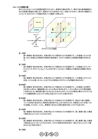 2.2.4 リスク影響分類
       受け入れられないリスクの範囲を確定するために、脆弱性分類を利用して、要件である事業継続性に
       対する影響の程度を分類します。既知のリスクと未知のリスク、対策コストの大小、弾力性・俊敏性（レ
       ジリエンス）の大小の 3 つの軸を利用して八象限に分類します。



                        既知・未知

                                               8       5
                 ト
             ス
            コ         事業継続性              4         1
                     弾力性：高
                                               7       6
                             未知

          コスト低                    コスト高   3         2
                 既知

                     弾力性：低

                                  クラウドリスク分類図

   第一象限
      高い俊敏性・弾力性を持ち、対策が高コストで既知のリスクの領域です。この領域には DoS 攻
      撃、EDoS 攻撃などの脅威や突発的な負荷集中、ゼロデイ攻撃などの脆弱性問題が含まれま
      す。

   第二象限
      低い俊敏性・弾力性を持ち、対策が高コストで既知のリスクの領域です。この領域にはベンダー
      ロックインや TBTF（Too Big To Fail:大きすぎてつぶせない）問題などの慢性的な問題が含まれ
      ます。

   第三象限
      低い俊敏性・弾力性を持ち、対策が低コストで既知のリスクの領域です。この領域にはウィルス
      対策、スパム対策、ID/Pw によるアクセス管理などのクラシックな問題が含まれます。

   第四象限
      高い俊敏性・弾力性を持ち、対策が低コストで既知のリスクの領域です。この領域には内部不
      正を含む人的ミス、機器故障よるシステム停止が含まれます。システム停止リスクが第四象限
      に含まれることに違和感が感じられるかもしれませんがオンプレミスの場合と異なりクラウドにお
      いては機器故障によるシステム停止は低コストリスクに分類できます。

   第五象限
      高い俊敏性・弾力性を持ち、対策が高コストで未知のリスクの領域です。第五から第八象限に
      ついては未知であるゆえに具体的な例を挙げることはできませんが、突発性とコストが高いリス
      クと認識してください。ただし、冪乗則に従うならば発生確率の低いリスクでもあります。

   第六象限
      低い俊敏性・弾力性を持ち、対策が低コストで未知のリスクの領域です。第二象限に類した構造
      で現在知られていないリスクとなります。

   第七象限
      低い俊敏性・弾力性を持ち、対策が低コストで未知のリスクの領域です。第三象限に類した構造
      で現在知られていないリスクとなります。クラウド固有の利用方法が一般化するにしたがって顕
      在化すると予想できます。

   第八象限
 