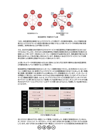 O 1'


              B社                                 B社
                                     O1                               O1'

     A社                  C社                A社                 C社



     F社                  D社                F社                 D社
                                     O1'                              O1'
              E社                                 E社
                                                 O 1'

           相互運用性モデル                           相互運用環境下での
                                                 可搬性
                         相互運用性・可搬性モデル図

つまり、相互運用性を確保することでクラウドサービス間のデータ交換性を確保し、さらに可搬性を確
保することでクラウドサービス相互の置き換えを可能にすることで高いネットワーク外部性が働く状態
を実現し、効用を高めることが可能になります。

では、さまざまな運営主体が提供するクラウドサービスで相互運用性と可搬性を確保するためにはど
うすればよいでしょうか。そのためには相互運用性と可搬性の確保を求められる事業者が合意または
強制によって同一のデータ形式とインターフェース提供を行う必要があります。電気通信や電力などの
場合は法令によって形式が厳しく定められています。発達途上にあるクラウドサービスについては標
準化団体による標準化活動が中心となって進められています。

より高いネットワーク外部性を働かせるために国内にとどまらず広く世界で標準化を進め相互運用性
と可搬性を高いレベルで確保することが重要です。

相互運用性と可搬性確保の初めはインターフェース標準の確立ですから、広く利用されているインター
フェース標準である OSI 参照モデルにクラウドサービスの階層構造を引き当ててみましょう。第一階層、
第三階層、第五階層で OSI 参照モデルとは異なるレイヤー界面構成となっています。インターフェース
の問題として考えると、NISTSP800-145 が IaaS を含む全提供形態に要求しているオンデマンドセルフ
サービス機能を実装する場合、IssS は、オンデマンドセルフサービスを実現するダッシュボードや API
をアプリケーョン層にあたる SaaS として装備している必要があることになり、ダッシュボードや API を動
作させるアプリケーションプラットフォームをサービス層にあたる PaaS として装備している必要があるこ
とになります。

               OSI参照モデル         TCP/IP階層モデル             クラウド階層モデル



    第7階層      アプリケーション層                                 サービス層（SaaS)


    第6階層      プレゼンテーション層        アプリケーション層               サービス層（PaaS)

                                                        サービス層（IaaS)
    第5階層        セッション層


    第4階層       トランスポート層          トランスポート層
                                                        資源抽象化・管理層

    第3階層       ネットワーク層           インターネット層


    第2階層       データリンク層                                   ハードウェア層
                              ネットワークインターフェース層
    第1階層           物理層
                                                           設備層

                           クラウド階層モデル図

次にクラウドに関わるアクター類型について整理しておきましょう。文書内で直接言及はしていません
が、クラウド リファレンス アーキテクチャ v1.0 は、NIST SP500-292 の定義したアクターモデルを支持
しています。NIST SP500-292 定義のアクター構造としてクラウドサービスの提供者と利用者を表すクラ
 