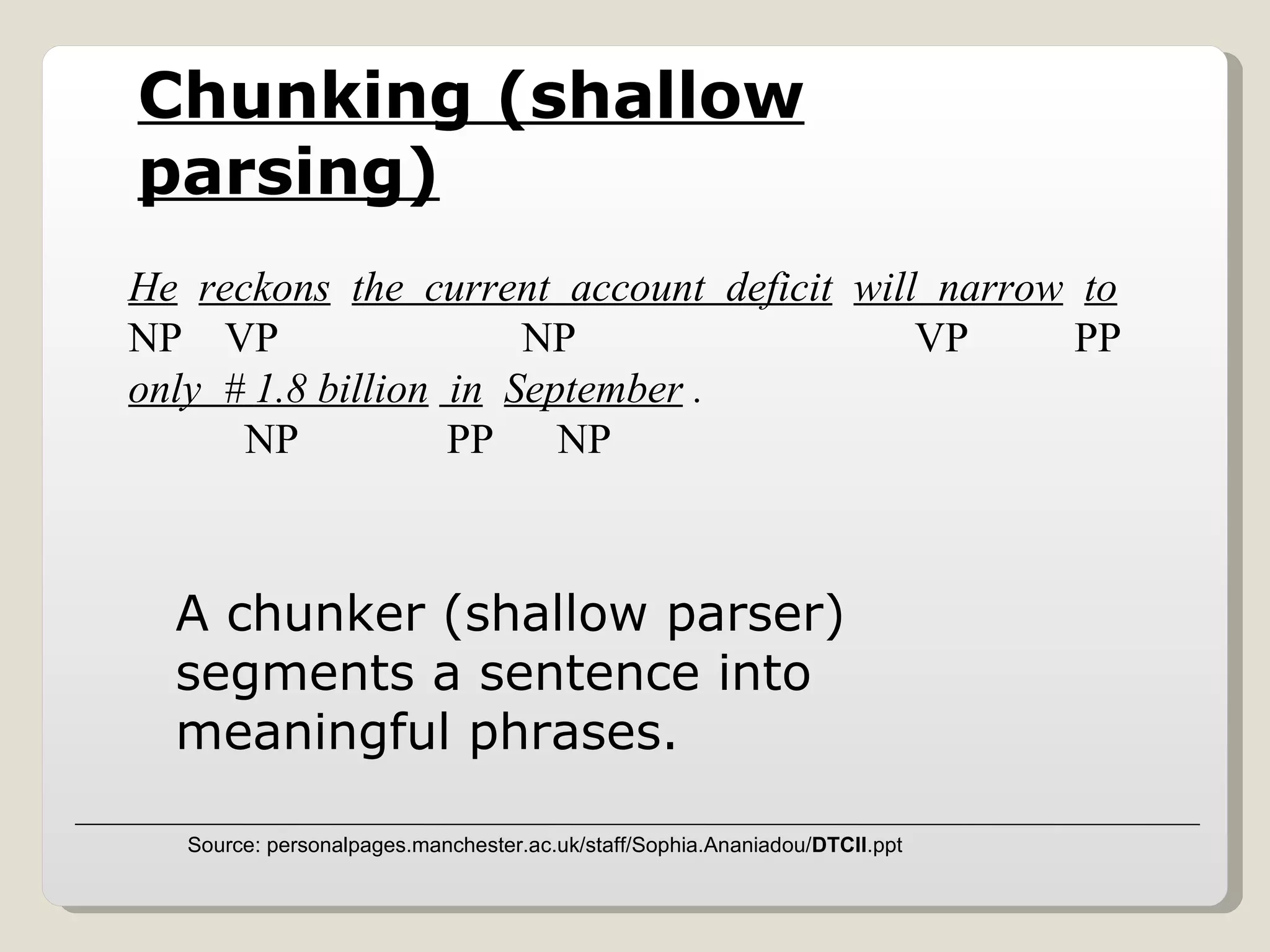 Chunking (shallow parsing) He   reckons   the  current  account  deficit   will  narrow   to NP  VP  NP  VP  PP only  #   1.8 billion   in   September  .   NP  PP  NP A chunker (shallow parser) segments a sentence into meaningful phrases. Source: personalpages.manchester.ac.uk/staff/Sophia.Ananiadou/ DTCII .ppt 