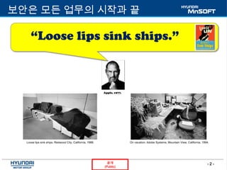 - 2 -공개
(Public)
보안은 모든 업무의 시작과 끝
“Loose lips sink ships.”
Loose lips sink ships. Redwood City, California, 1988. On vacation. Adobe Systems, Mountain View, California, 1994.
Apple, 1977.
 