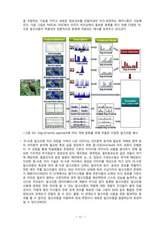 을 조합하는 기능을 가지고 새로운 컴포넌트를 만들어내어 자가-성장하는 매커니즘이 가능해
진다. 다음 그림은 PASCAL VOC에서 이미지 마이닝에서 올바른 분류를 하기 위해 다양한 저수준 알고리즘이 적용되어 최종적으로 분류에 적용되는 예시를 보여주고 있다.[27]

<그림 16> bag-of-words approach에 따라 객체 분류를 위해 적용된 다양한 알고리즘 예시
◦ 저-수준 알고리즘 처리 과정을 거쳐서 나온 이미지는 의리론적 분석에 필요한 객체와 영역 등
의 의미론적 분석에 필요한 특징 값을 생성하기 위한 중-수준(mid-level) 처리 과정이 진행된
다. 이 과정을 통해 픽셀레벨로 존재하던 기존의 이미지에 이미지의 내용을 분석하기 위해 필
요한 기초적인 추가정보가 생성되게 된다. 에지정보, 영역정보, 컬러분포도와 같은 것들이 여기
에 해당되며, 얼굴인식과 같은 얼굴의 패턴영역, 눈, 코, 입등의 구성요소들도 여기에 해당된다.
이러한 중-수준 처리 기술은 저-수준 처리에서 생성된 이미지를 대상으로 하고 있어 저-수준
알고리즘의 특성에 따라 중-수준 알고리즘의 선택도 달라지게 된다. 윤관선 정보를 추출하기
위한 에지 추출 알고리즘의 경우도 대상 이미지의 상태에 따라 수십가지의 알고리즘이 존재하
기 때문이다.[34][35] 이 단계에서도 평가시스템을 통해 전문가들의 도메인 지식 정보를 기반으
로 처리된 결과가 원하는 수준이하의 경우 알고리즘을 재선택하여 스스로 성능을 높여주는 방
식으로 처리된다. 알고리즘 데이터베이스에 개발자 지식과 같이 등록된 알고리즘은 알고리즘
사용에 관련된 전후 처리에 올 수 있는 알고리즘의 적용에 대한 개발자 지식들이 쌓여 있을
것이다. 이렇게 쌓인 지식들의 전후 관계 정리를 해보면 다음 그림의 (b)와 같은 통합된 전체
컴포넌트 관계도가 만들어 질 수 있다. 물론, 이 관계도가 알고리즘 사용을 위한 절대적인 효
과를 줄 수 없지만, 알고리즘을 이용하여 효과 측정이나 새로운 알고리즘을 발굴하는데 효과적
일 수 있다.[34][35]

- 41 -

 
