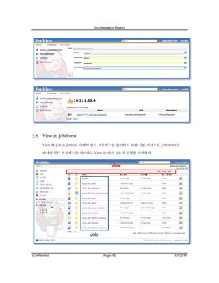 Configuration Report

3.6

View & Job(Item)
View 와 Job 은 Jenkins 내에서 빌드 프로세스를 관리하기 위한 기본 개념으로 Job(Item)은
하나의 빌드 프로세스를 의미하고 View 는 여러 Job 의 집합을 의미한다.

Confidential

Page 15

3/1/2014

 