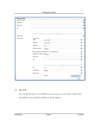 Configuration Report

5.3

Job 수정
Job 구성 메뉴에서 빌드 후 조치 항목에 Send build artifacts over SSH 옵션이 포함되어 있는
것을 확인할 수 있으며 앞절에서 설정한 서버 정보를 이용한다.

Confidential

Page 27

3/1/2014

 