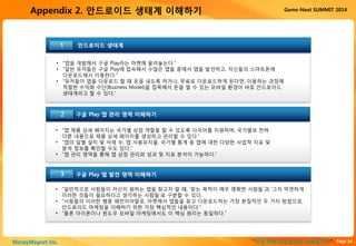 Page 14“이게 진짜 안드로이드 마케팅이다”MoneyMagnet Inc.
Game-Next SUMMIT 2014Appendix 2. 안드로이드 생태계 이해하기
안드로이드 생태계1
• “앱을 개발해서 구글 Play라는 마켓에 올려놓는다.”
• “일반 유저들은 구글 Play에 접속해서 수많은 앱들 중에서 앱을 발견하고, 자신들의 스마트폰에
다운로드해서 이용한다.”
• “유저들이 앱을 다운로드 할 때 돈을 내도록 하거나, 무료로 다운로드하게 된다면, 이용하는 과정에
적절한 수익화 수단(Business Model)을 접목해서 돈을 벌 수 있는 모바일 환경이 바로 안드로이드
생태계라고 할 수 있다.”
구글 Play 앱 관리 영역 이해하기
구글 Play 앱 발견 영역 이해하기
• “앱 제품 상세 페이지는 국가별 상점 역할을 할 수 있도록 다국어를 지원하며, 국가별로 전혀
다른 내용으로 제품 상세 페이지를 생성하고 관리할 수 있다.”
• “앱의 일별 설치 및 삭제 수, 앱 사용유지율, 국가별 통계 등 앱에 대한 다양한 사업적 지표 및
분석 정보를 확인할 수도 있다.”
• “앱 관리 영역을 통해 앱 상점 관리와 성과 및 지표 분석이 가능하다.”
• “일반적으로 사람들이 자신이 원하는 앱을 찾고자 할 때, ‘찾는 목적이 매우 명확한 사람들’과 ‘그저 막연하게
이러한 것들이 필요하다고 생각하는 사람들’로 구분할 수 있다.
• “사람들의 이러한 행동 패턴이야말로, 마켓에서 앱들을 찾고 다운로드하는 가장 본질적인 두 가지 방법으로,
안드로이드 마케팅을 이해하기 위한 가장 핵심적인 내용이다.”
• “물론 아이폰이나 윈도우 모바일 마케팅에서도 이 핵심 원리는 동일하다.”
2
3
 