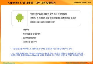 Page 15“이게 진짜 안드로이드 마케팅이다”MoneyMagnet Inc.
Game-Next SUMMIT 2014Appendix 3. 앱 마케팅 – 아이디어 발굴하기
“아이디어 발굴은 방법만 알면 그리 어렵지 않다.
오히려, 안드로이드 앱을 성공하게 하는 가장 어려운 부분은
아이디어가 아니라, 마케팅이다.”
모방하라
최신기술들을잘활용하라
오픈API를 활용하라
오픈소스를활용하라
• “기존 콘텐츠를 적극적으로 모방하는 것이 사업 성공으로 가는 지름길이 될 수도 있다.”
• “이 기법을 적용할때는, 여러분이 개발하려는 새로운 앱이기존 유사앱들보다 훨씬괜찮은 서비스를
제공하는지를 틈새시장(Niche Market)을 실제로 이용하고 있는 고객의 시각으로 면밀히 따져봐야 한다. “
 
