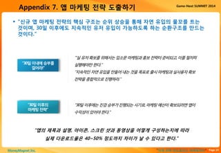 Page 19“이게 진짜 안드로이드 마케팅이다”MoneyMagnet Inc.
Game-Next SUMMIT 2014
Appendix 7. 앱 마케팅 전략 도출하기
 “신규 앱 마케팅 전략의 핵심 구조는 순위 상승을 통해 자연 유입의 물꼬를 트는
것이며, 30일 이후에도 지속적인 유저 유입이 가능하도록 하는 순환구조를 만드는
것이다.”
“30일이내에승부를
걸어라!”
‘”실유저확보를위해서는입소문마케팅과홍보전략이준비되고,이를철저히
실행해야만한다.”
“지속적인자연유입을만들어내는것을목표로출시마케팅과실사용자확보
전략을종합적으로진행하라.”
“30일이후의
마케팅전략”
“30일이후에는진검승부가진행되는시기로,마케팅예산이확보되려면앱이
수익성이있어야한다.”
“앱의 제목과 설명, 아이콘, 스크린 샷과 동영상을 어떻게 구성하는지에 따라
실제 다운로드율은 40~50% 정도까지 차이가 날 수 있다고 한다.”
 