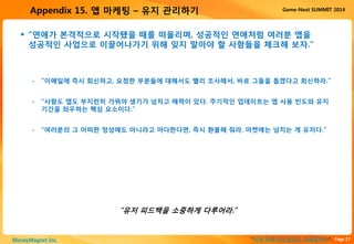 Page 27“이게 진짜 안드로이드 마케팅이다”MoneyMagnet Inc.
Game-Next SUMMIT 2014Appendix 15. 앱 마케팅 – 유지 관리하기
 “연애가 본격적으로 시작됐을 때를 떠올리며, 성공적인 연애처럼 여러분 앱을
성공적인 사업으로 이끌어나가기 위해 잊지 말아야 할 사항들을 체크해 보자.”
“유저 피드백을 소중하게 다루어라.”
• “이메일에 즉시 회신하고, 요청한 부분들에 대해서도 빨리 조사해서, 바로 그들을 돕겠다고 회신하라.”
• “사람도 앱도 부지런히 가꿔야 생기가 넘치고 매력이 있다. 주기적인 업데이트는 앱 사용 빈도와 유지
기간을 좌우하는 핵심 요소이다.”
• “여러분의 그 어떠한 정성에도 아니라고 마다한다면, 즉시 환불해 줘라. 마켓에는 넘치는 게 유저다.”
 