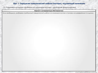 Шаг 1. Определяю поведенческий шаблон (паттерн), подлежащий изменениюШаг 1. Определяю поведенческий шаблон (паттерн), подлежащий изменению
1.3. Разделяем исходную проблему на маленькие кусочки – дробление формулировок
Вариант в интерпретации Метапрактика
Если необходимо, разбиваем проблемный поведенческий шаблон на маленькие кусочки и пускаем их в рефрейминг по одному.
www. metapractice.livejournal.com
 