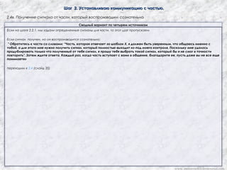ШагШаг 22. Устанавливаю коммуникацию с частью.. Устанавливаю коммуникацию с частью.
2.4в. Получение сигнала от части, который воспроизводим сознательно
Сводный вариант по четырем источникам
Если на шаге 2.2.1. мы задали определенные сигналы для части, то этот шаг пропускаем
Если сигнал получен, но он воспроизводится сознательно:
" Обратитесь к части со словами: “Часть, которая отвечает за шаблон Х, я должен быть уверенным, что общаюсь именно с
тобой, а для этого мне нужно получить сигнал, который полностью выходит из-под моего контроля. Поскольку мне удалось
продублировать только что полученный от тебя сигнал, я прошу тебя выбрать такой сигнал, который бы я не смог в точности
повторить". Затем ждите ответа. Каждый раз, когда часть вступает с вами в общение, благодарите ее, пусть даже вы не все еще
понимаете»
переходим к 2.4 (слайд 35)
www. metapractice.livejournal.com
 