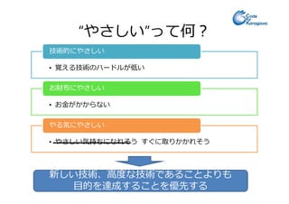 “やさしい”って何？
• 覚える技術のハードルが低い
技術的にやさしい
• お⾦がかからない
お財布にやさしい
• お⾦がかからない
• やさしい気持ちになれそう すぐに取りかかれそう
やる気にやさしい
新しい技術、⾼度な技術であることよりも
目的を達成することを優先する
 