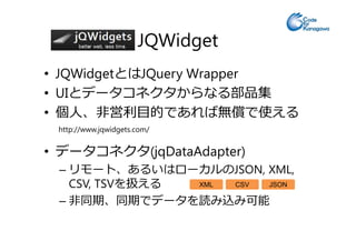 JQWidget
• JQWidgetとはJQuery Wrapper
• UIとデータコネクタからなる部品集
• 個⼈、非営利目的であれば無償で使える
http://www.jqwidgets.com/
• データコネクタ(jqDataAdapter)
– リモート、あるいはローカルのJSON, XML,
CSV, TSVを扱える
– 非同期、同期でデータを読み込み可能
http://www.jqwidgets.com/
XML JSONCSV
 