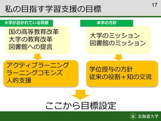 17
私の目指す学習支援の目標
ここから目標設定
国の高等教育改革
大学の教育改革
図書館への提言
大学のミッション
図書館のミッション
アクティブラーニング
ラーニングコモンズ
人的支援
学位授与の方針
従来の役割＋知の交流
大学がおかれている背景 本学の方針
 