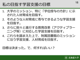 18
私の目指す学習支援の目標
1. 大学のミッション、特に「学位授与の方針」に示
された人材育成を目指す。
2. そのような人材育成に寄与できるような学習支援
を目指す。
3. さらに刻々と進行する教育改革（アクティブラー
ニング等）に対応した学習支援を目指す。
4. これらを踏まえた上で、附属図書館のミッション
に沿う学習支援、人材育成を目指す。
目標は決まった。で、何すればいい？
 