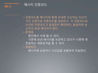 11
06-2
메시지 인증코드
• 인증코드를 메시지와 함께 보내면 수신자는 자신이
가진 인증키로 인증코드를 생성하고 이 인증코드와
수신된 인증코드가 동일한지 확인하다. 동일하면 송
신자가 보낸 메시지가 맞다.
• 문제점
• 해결방안
메시지에 순번이나 시간값을 포함하여 전송한다.
 