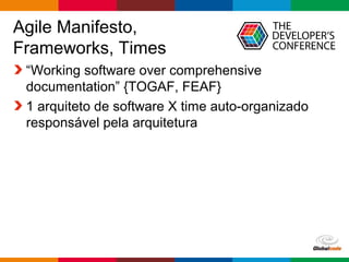 Globalcode – Open4education
Agile Manifesto,
Frameworks, Times
“Working software over comprehensive
documentation” {TOGAF, FEAF}
1 arquiteto de software X time auto-organizado
responsável pela arquitetura
 