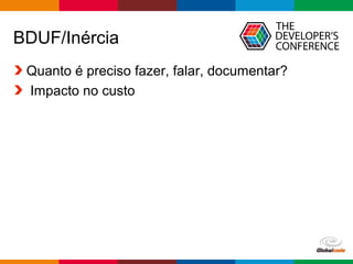 Globalcode – Open4education
BDUF/Inércia
Quanto é preciso fazer, falar, documentar?
Impacto no custo
 