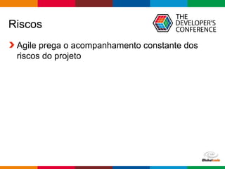 Globalcode – Open4education
Riscos
Agile prega o acompanhamento constante dos
riscos do projeto
 