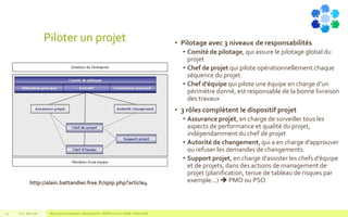 Piloter un projet • Pilotage avec 3 niveaux de responsabilités
• Comité de pilotage, qui assure le pilotage global du
projet
• Chef de projet qui pilote opérationnellement chaque
séquence du projet
• Chef d’équipe qui pilote une équipe en charge d’un
périmètre donné, est responsable de la bonne livraison
des travaux
• 3 rôles complètent le dispositif projet
• Assurance projet, en charge de surveiller tous les
aspects de performance et qualité du projet,
indépendamment du chef de projet
• Autorité de changement, qui a en charge d’approuver
ou refuser les demandes de changements.
• Support projet, en charge d’assister les chefs d’équipe
et de projets, dans des actions de management de
projet (planification, tenue de tableau de risques par
exemple...)  PMO ou PSO
V1.0 - Mai 2016 Blue Jigsaw Competensis - Reading Notes - PRINCE 2 by Eric NORIE - Editions ENI19
http://alain.battandier.free.fr/spip.php?article4
 