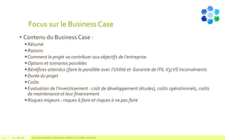 Focus sur le Business Case
• Contenu du Business Case :
Résumé
Raisons
Comment le projet va contribuer aux objectifs de l’entreprise
Options et scenarios possibles
Bénéfices attendus (faire le parallèle avec l’Utilité et Garantie de ITILV3)VS Inconvénients
Durée du projet
Coûts
Evaluation de l’investissement : coût de développement (études), coûts opérationnels, coûts
de maintenance et leur financement
Risques majeurs : risques à faire et risques à ne pas faire
V1.0 - Mai 2016 Blue Jigsaw Competensis - Reading Notes - PRINCE 2 by Eric NORIE - Editions ENI22
 