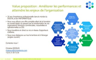 Value proposition : Améliorer les performances et
atteindre les enjeux de l’organisation
• 30 ans d’expérience professionnelle dans le monde du
DIGITAL et de l’INFORMATIQUE
• Nous vous offrons une offre complète allant de la formation
au conseil digital, en passant par la transformation de vos
organisations directions commerciales, industrielles et
opérationnelles ou DSI.
• Nous travaillons en direct ou via un réseau d’apporteurs
d’affaires.
• Nous nous déplaçons sur tout le territoire et à l’étranger
(anglais courant)
Contactez nous !
Christine DESSUS
chdessus@competensis.com
+33 6 31 09 73 54
Blue Jigsaw Competensis - Reading Notes - PRINCE 2 by Eric NORIE - Editions ENI3 V1.0 - Mai 2016
 