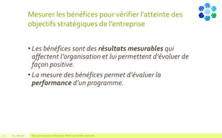 Mesurer les bénéfices pour vérifier l’atteinte des
objectifs stratégiques de l’entreprise
• Les bénéfices sont des résultats mesurables qui
affectent l’organisation et lui permettent d’évoluer de
façon positive.
• La mesure des bénéfices permet d’évaluer la
performance d’un programme.
V1.0 - Mai 2016 Blue Jigsaw Competensis - Reading Notes - PRINCE 2 by Eric NORIE - Editions ENI31
 