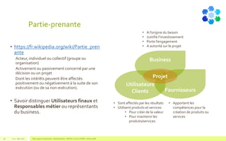 Partie-prenante
• https://fr.wikipedia.org/wiki/Partie_pren
ante
Acteur, individuel ou collectif (groupe ou
organisation)
Activement ou passivement concerné par une
décision ou un projet
Dont les intérêts peuvent être affectés
positivement ou négativement à la suite de son
exécution (ou de sa non-exécution).
• Savoir distinguer Utilisateurs finaux et
Responsables métier ou représentants
du business.
V1.0 - Mai 2016 Blue Jigsaw Competensis - Reading Notes - PRINCE 2 by Eric NORIE - Editions ENI38
Business
Utilisateurs
Clients Fournisseurs
Projet
• A l’origine du besoin
• Justifie l’investissement
• Porte l’engagement
• A autorité sur le projet
• Sont affectés par les résultats
• Utilisent produits et services
• Pour créer de la valeur
• Pour maintenir les
produits/services
• Apportent les
compétences pour la
création de produits ou
services
 