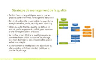Stratégie de management de la qualité
• Définir l’approche qualité pour assurer que les
produits sont conformes aux exigences de qualité
• Décrire les objectifs, responsabilités, procédures,
enregistrements, outils, techniques et reporting
• Idéalement, la stratégie qualité est définie en
amont, par le responsable qualité, pour s’assurer
d’une homogénéité des pratiques
• Le chef de projet décline la stratégie qualité au
contexte de son projet. Le comité de pilotage,
direction d’entreprise et/ou responsable qualité
valide la stratégie.
• Généralement la stratégie qualité est incluse au
plan projet vu précédemment et validé par le
comité de pilotage.
V1.0 - Mai 2016 Blue Jigsaw Competensis - Reading Notes - PRINCE 2 by Eric NORIE - Editions ENI49
 