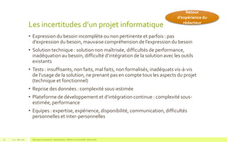 Les incertitudes d’un projet informatique
• Expression du besoin incomplète ou non pertinente et parfois : pas
d’expression du besoin, mauvaise compréhension de l’expression du besoin
• Solution technique : solution non maîtrisée, difficultés de performance,
inadéquation au besoin, difficulté d’intégration de la solution avec les outils
existants
• Tests : insuffisants, non faits, mal faits, non formalisés, inadéquats vis-à-vis
de l’usage de la solution, ne prenant pas en compte tous les aspects du projet
(technique et fonctionnel)
• Reprise des données : complexité sous-estimée
• Plateforme de développement et d’intégration continue : complexité sous-
estimée, performance
• Equipes : expertise, expérience, disponibilité, communication, difficultés
personnelles et inter-personnelles
V1.0 - Mai 2016 Blue Jigsaw Competensis - Reading Notes - PRINCE 2 by Eric NORIE - Editions ENI63
Retour
d’expérience du
rédacteur
 