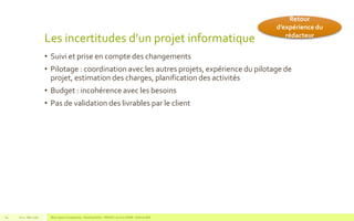 Les incertitudes d’un projet informatique
• Suivi et prise en compte des changements
• Pilotage : coordination avec les autres projets, expérience du pilotage de
projet, estimation des charges, planification des activités
• Budget : incohérence avec les besoins
• Pas de validation des livrables par le client
V1.0 - Mai 2016 Blue Jigsaw Competensis - Reading Notes - PRINCE 2 by Eric NORIE - Editions ENI64
Retour
d’expérience du
rédacteur
 