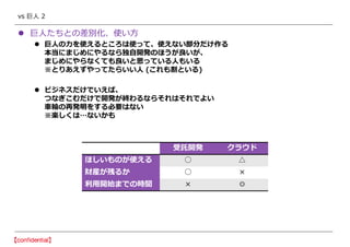 vs 巨人 2
 巨人たちとの差別化、使い方
 巨人の力を使えるところは使って、使えない部分だけ作る
本当にまじめにやるなら独自開発のほうが良いが、
まじめにやらなくても良いと思っている人もいる
※とりあえずやってたらいい人 (これも割といる)
 ビジネスだけでいえば、
つなぎこむだけで開発が終わるならそれはそれでよい
車輪の再発明をする必要はない
※楽しくは…ないかも
受託開発 クラウド
ほしいものが使える ○ △
財産が残るか ○ ×
利用開始までの時間 × ◎
 