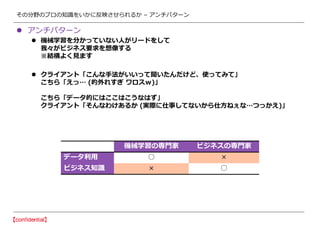 その分野のプロの知識をいかに反映させられるか – アンチパターン
 アンチパターン
 機械学習を分かっていない人がリードをして
我々がビジネス要求を想像する
※結構よく見ます
 クライアント「こんな手法がいいって聞いたんだけど、使ってみて」
こちら「えっ… (的外れすぎ ワロスｗ)」
こちら「データ的にはここはこうなはず」
クライアント「そんなわけあるか (実際に仕事してないから仕方ねぇな…つっかえ)」
機械学習の専門家 ビジネスの専門家
データ利用 ○ ×
ビジネス知識 × ○
 