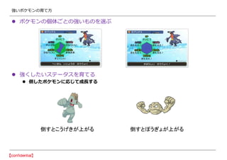 強いポケモンの育て方
 ポケモンの個体ごとの強いものを選ぶ
 強くしたいステータスを育てる
 倒したポケモンに応じて成長する
倒すとこうげきが上がる 倒すとぼうぎょが上がる
 