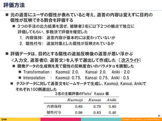 35	
Copyright (C) 2017 DeNA Co.,Ltd. All Rights Reserved.
評価方法
３名の主観評価のFleiss’ Kappa 値
n  元の返答にユーザの個性が表れていると考え、返答の内容は変えずに目的の
個性が反映できる割合を評価する
n  ３つの手法の出力結果を混ぜ、被験者3名に以下２つの観点で独立に
　 評価してもらい、多数決で評価を確定した
1.  内容保持：　返答内容が基本的には変わっていないか
2.  個性付与：　追加対象とした個性が反映されているか
n  評価データは、目的とする個性の追加反映後の返答が思い浮かぶ
　 <入力文, 返答者ID, 返答文>を人手で選出して作成した （次スライド)
n  開発データの生成例を見て個性の反映度合いのパラメタαを調整した
n  Transformation : Kaomoji: 2.0, Kansai: 2.0, Aniki : 2.0
n  Interpolation : Kaomoji: 0.75, Kansai: 0.75, Aniki : 0.5
n  テストデータに対して返答文をビームサーチで生成し、Kaomoji, Kansai, Anikiで
　　それぞれ100例選出した
 