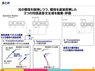 48	
Copyright (C) 2017 DeNA Co.,Ltd. All Rights Reserved.
まとめ
熱い返答を
する人
熱さ追加
変換ベクトル
変換対象ユーザ変換対象ユーザ
個性表現ベクトルの演算
による個性の追加反映
返答文の書き換え
3. Translation
返答文の書き換え
による個性の追加反映
Speaker Model
n
元の個性を保持しつつ、個性を追加反映した
３つの対話返答文生成を提案・評価
熱い返答を
する人
熱い返答を
しない人
個性表現ベクトル空間 個性表現ベクトル空間
puid
CONV
pCONV
pTARGET
pSOURCE
pTARGET
個性追加変換ベクトルによる変換 ユーザ間の内挿
1. Transformation 2. Interpolation
uid
puid
puid
pCONV
uid
 