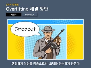 랜덤하게 뉴런을 끊음으로써, 모델을 단순하게 만든다
키워드 #dropout
3가지 핚계점
Overfitting 해결 방안
 