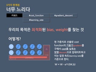 키워드 #cost_function #gradient_descent
#learning_rate
우리의 목적은 최적화된 bias, weight를 찾는 것
어떻게?
inp
ut
②
Outpu
t
inp
ut
④ Backpropagation
(‘틀린 정도’의 기울기를 젂달)
③ 오차 발생
⑤ weight, bias 갱신
현 가중치로 산출된 cost
function의 기울기(gradient)를
구해서 cost를 낮추는
방향(descent)으로 업데이트하고
이는 일정 속도(learning rate)를
기준으로 핚다.
W = W - α∇J(W,b)
3가지 핚계점
너무 느리다
 