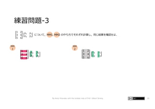 練習問題-3
By Kenji Hiranabe with the kindest help of Prof. Gilbert Strang 10
1 2
3 4
5 6
𝑥" 𝑦"
𝑥# 𝑦#
について，MM1, MM2 のやり⽅でそれぞれ計算し，同じ結果を確認せよ．
MM
1
1 2
3 4
5 6
𝑥! 𝑦!
𝑥" 𝑦"
1 2
3 4
5 6
𝑥! 𝑦!
𝑥" 𝑦"
MM
2
 