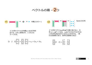 = = =
内積(スカラー) Rank1の⾏列
v1 =
1
2
3
𝑥 𝑦 =
𝑥 𝑦
2𝑥 2𝑦
3𝑥 3𝑦
ベクトルの積 – 2つ
1 2 3
𝑥!
𝑥"
𝑥#
=
1
2
3
,
𝑥!
𝑥"
𝑥#
= 𝑥! + 2𝑥" + 3𝑥#
２つの列ベクトル𝒂, 𝒃を𝒂𝒃!
の順に掛けると、⾏
列 (𝐴 = 𝒂𝒃!
) になる。 𝒂, 𝒃どちらも0でなければ、
この⾏列はRankが1になることが分かる。（各
⾏は定数倍であり、各列も定数倍である）
２つの列ベクトルの内積(𝒂 ) 𝒃)は⾏列形
式では、𝒂!
𝒃 と表現され、1つのスカ
ラーになる。
v2
By Kenji Hiranabe with the kindest help of Prof. Gilbert Strang 4
 