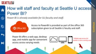How will staff and faculty at Seattle U access
Power BI?
Power BI is already available for SU faculty and staff.
Access to PowerBI is provided as part of the office 365
subscription given to all Seattle U faculty and staff.
Power BI offers a web app, desktop
app, and mobile app for convenient
access across varying needs
* Mobile app access for
Seattle U users coming soon
Continue
 