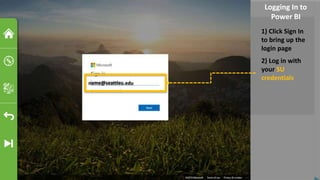 name@seattleu.edu
1) Click Sign In
to bring up the
login page
Logging In to
Power BI
2) Log in with
your SU
credentials
 