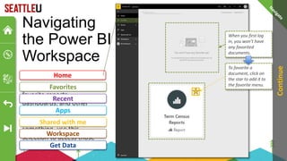 Users have the ability to
favorite reports,
dashboards, and other
Power BI objects. Once a
user has favorited
something, use this
selection to access those
items
Favorites
When you first log
in, you won’t have
any favorited
documents.
To favorite a
document, click on
the star to add it to
the favorite menu.
Navigating
the Power BI
Workspace
Home
Recent
Apps
Shared with me
Workspace
Get Data
Continue
 